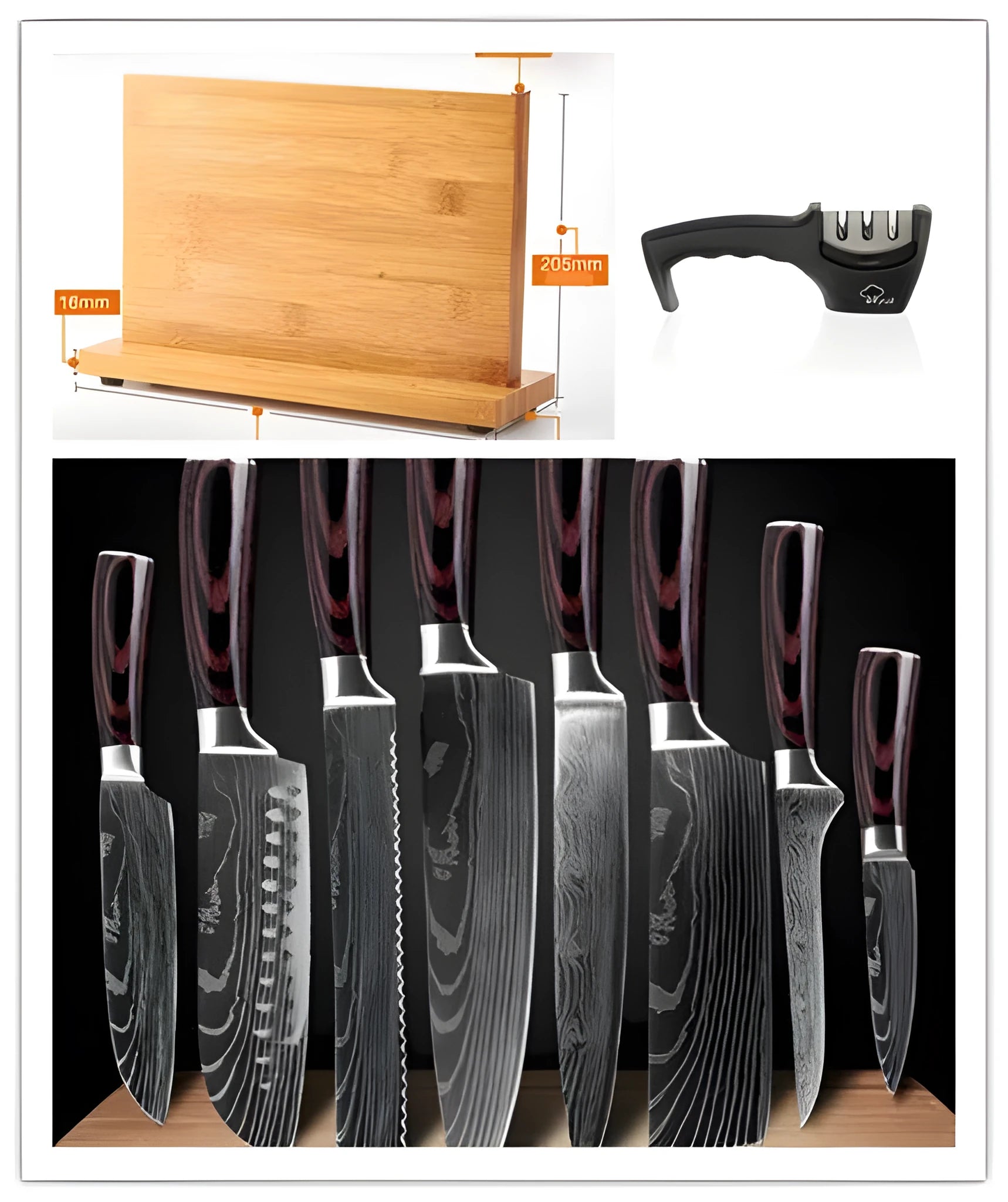 8-piece kitchen knives set with black handles in wood colour knife block including chef knife and specialised blades