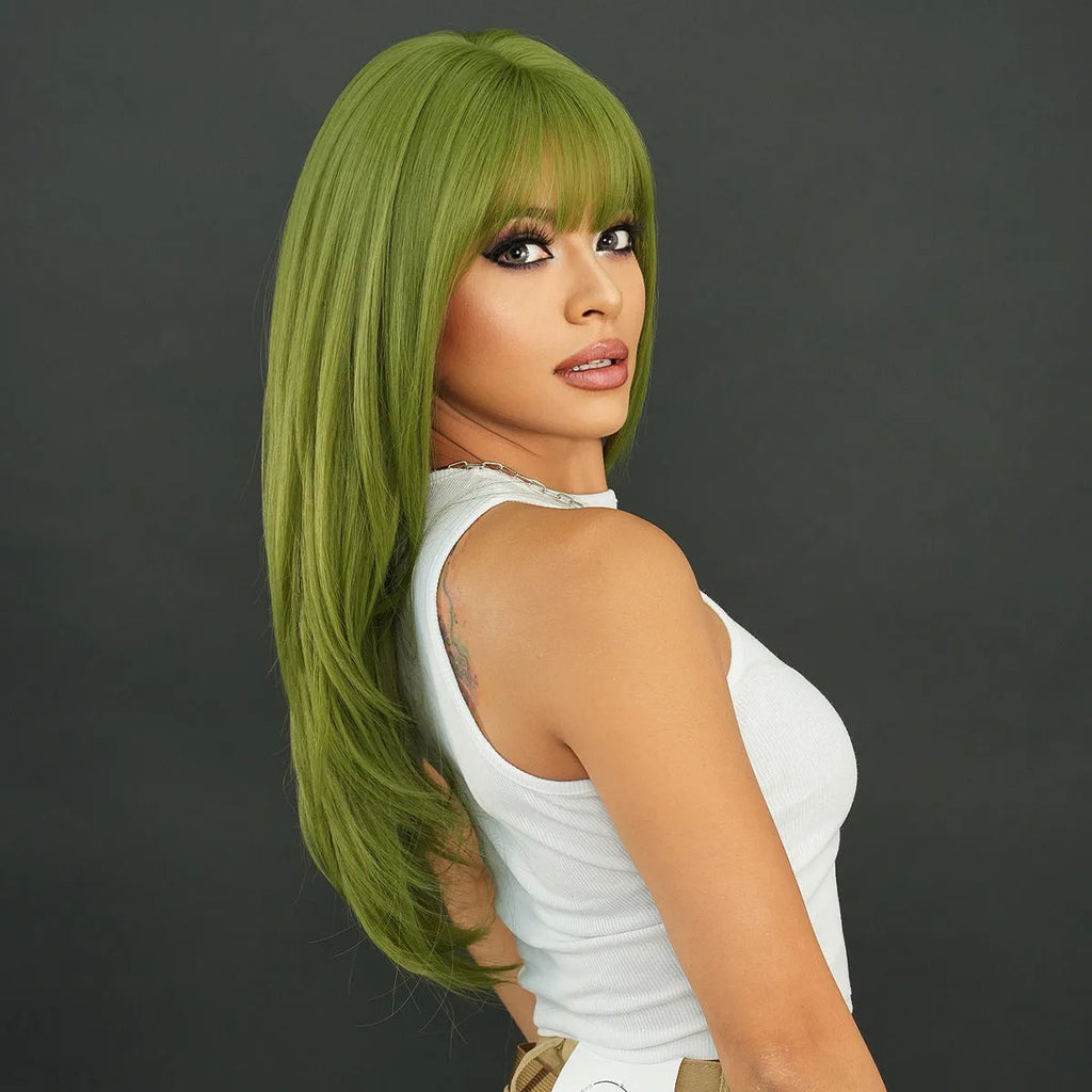 Vanilla green long straight women's wig with bangs, 63cm domestic silk, non-thermal dye