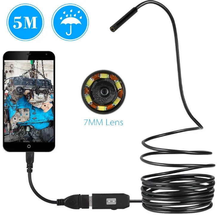 OWSOO USB endoscope camera with 7mm lens, 5 metre cable, hook, magnet, and side mirror accessories