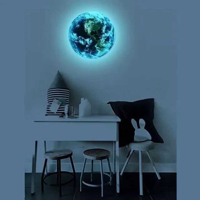 Glow in the dark 3D Earth planet wall sticker in multiple sizes on a wall.