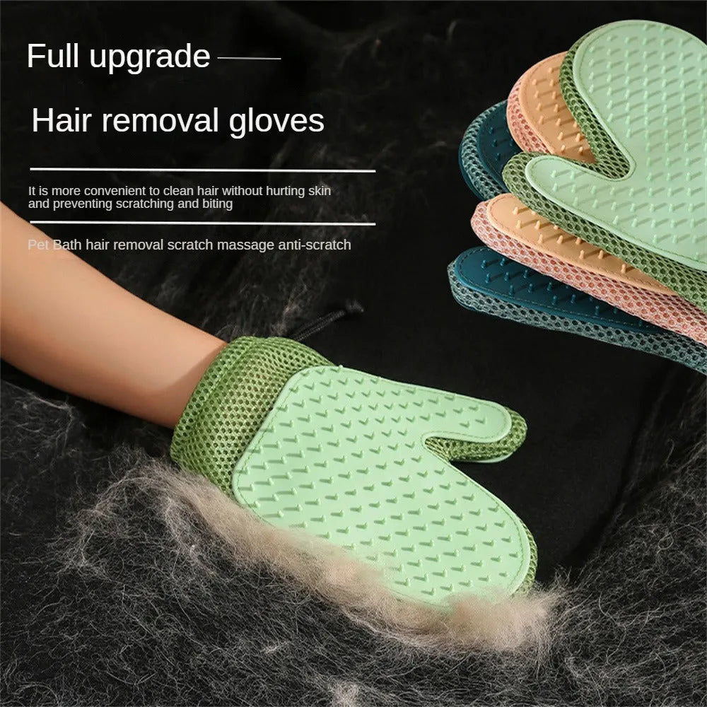 Pet grooming glove for hair removal and massage with TPR padding in dark blue, light green or yellow