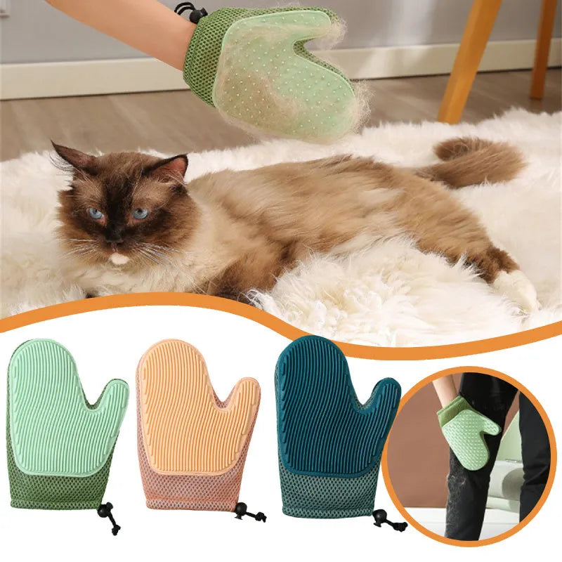 Pet grooming glove for hair removal and massage with TPR padding in dark blue, light green or yellow