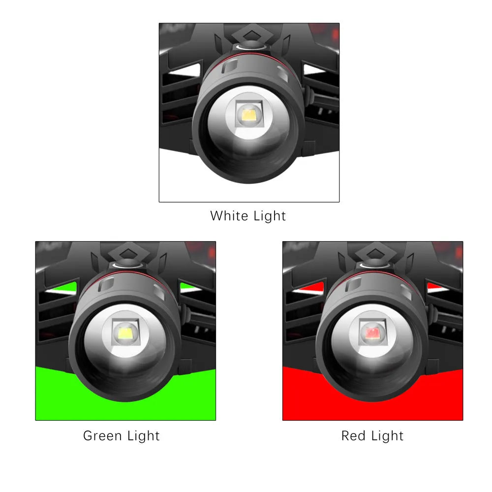 T6 LED headlamp showing white, red and green lighting modes with zoom function and rechargeable 18650 batteries