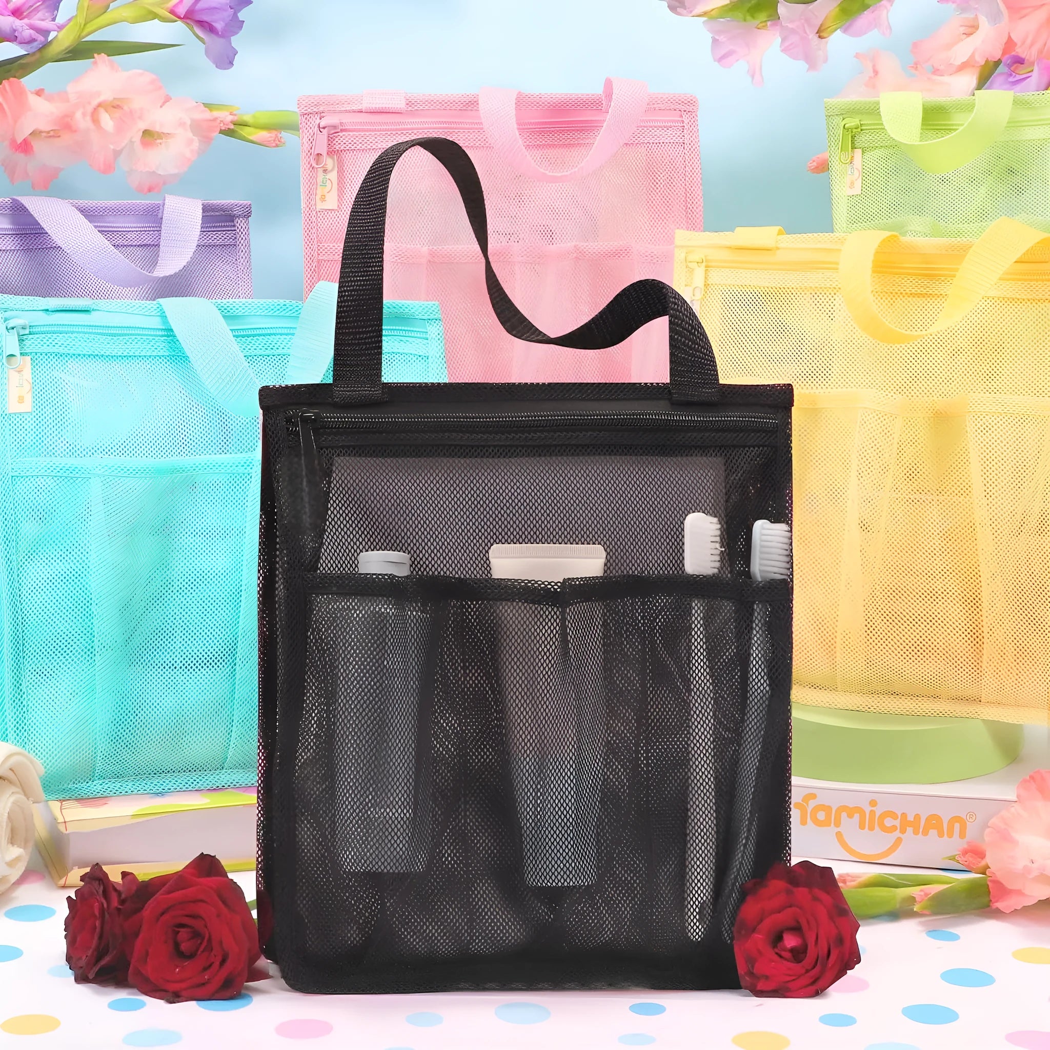 Large capacity polyester swimming gym bag with dry wet separation and mesh pocket in black and pink