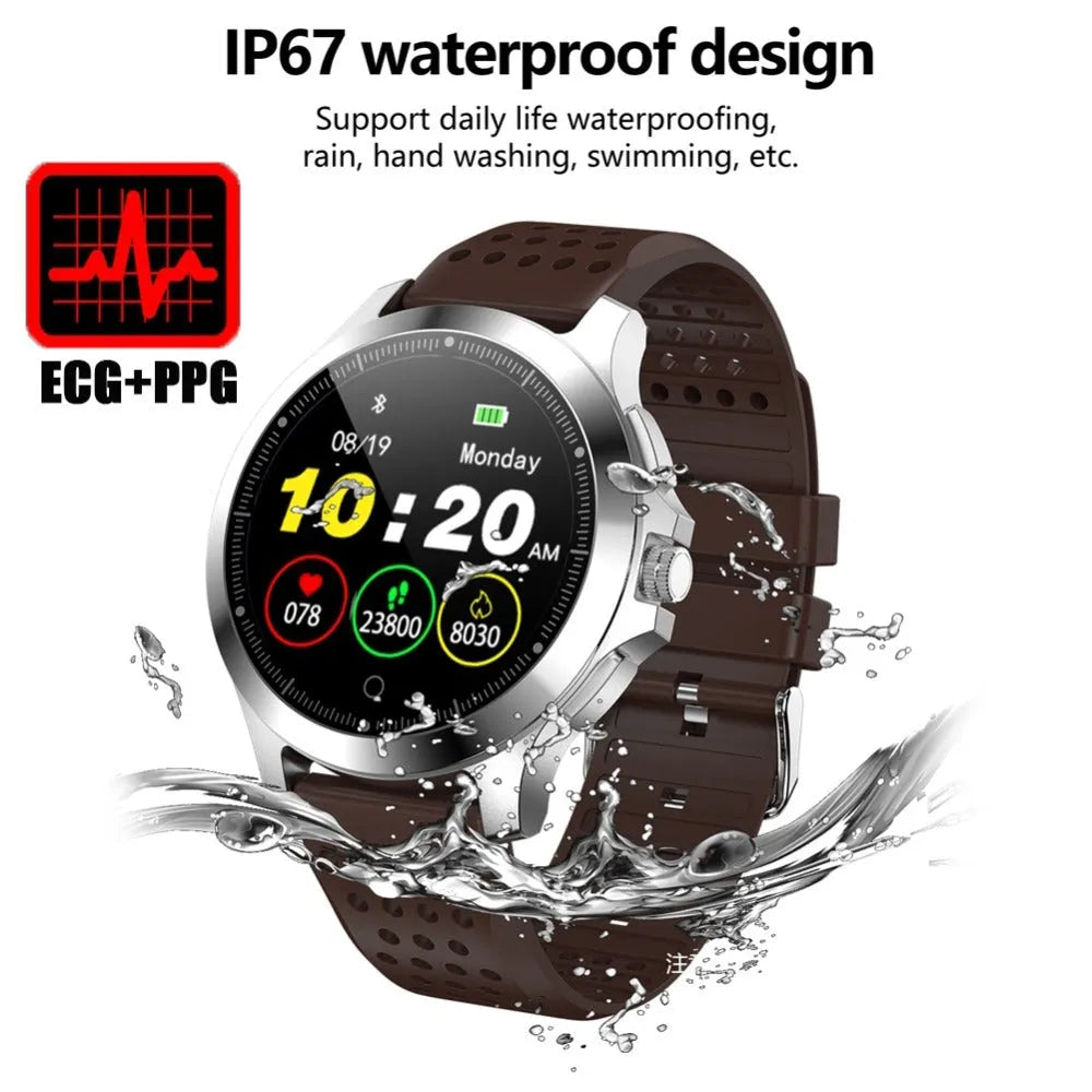 W8 ECG smart bracelet with 304 stainless steel body and black TPU strap showing heart rate reading on display
