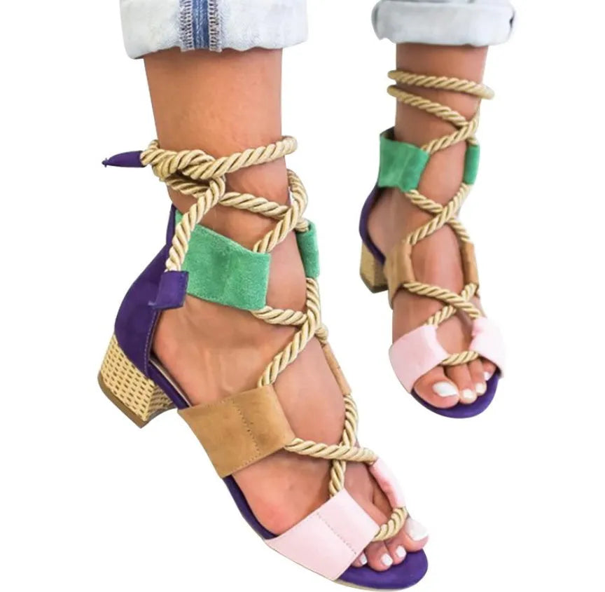 Women's beige suede sandals with thick heel, front strap, ankle strap, and fish mouth toe.