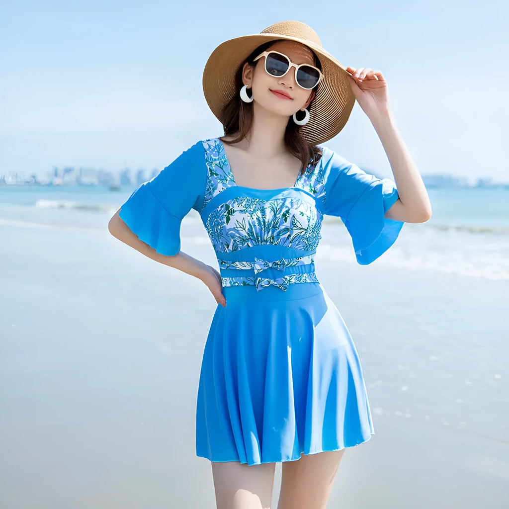 Women's printed one-piece swimsuit in green and blue colour options, chemical fibre blend fabric, Asian sizes M to 2XL
