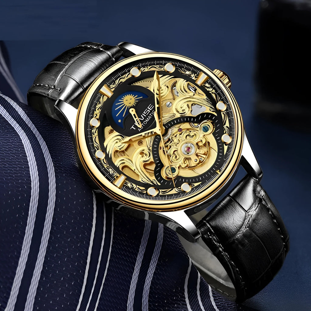 Automatic mechanical men's watch with skeleton movement and leather strap