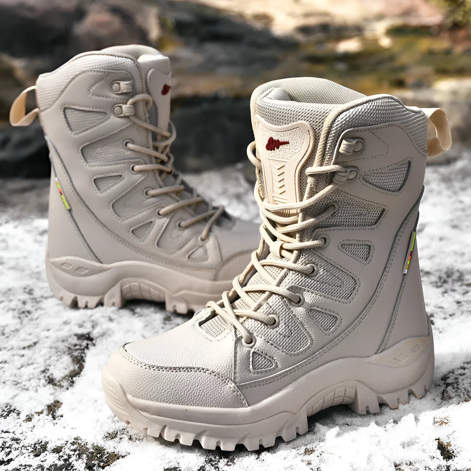 Genuine cowhide leather hi-top hiking shoes in beige colour for outdoor climbing and running activities