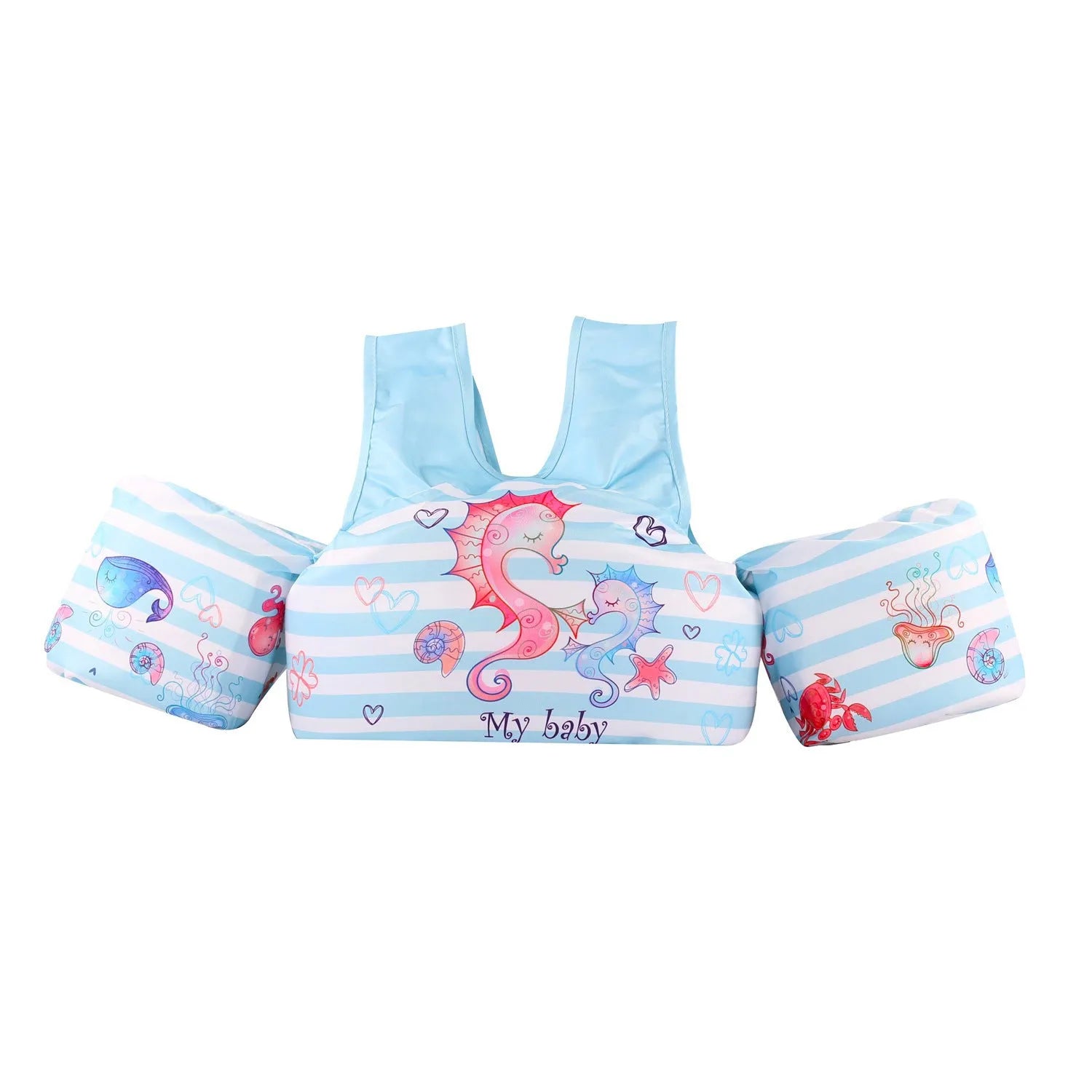 Child wearing a cartoon-themed swimsuit with integrated arm swimming rings for water safety.