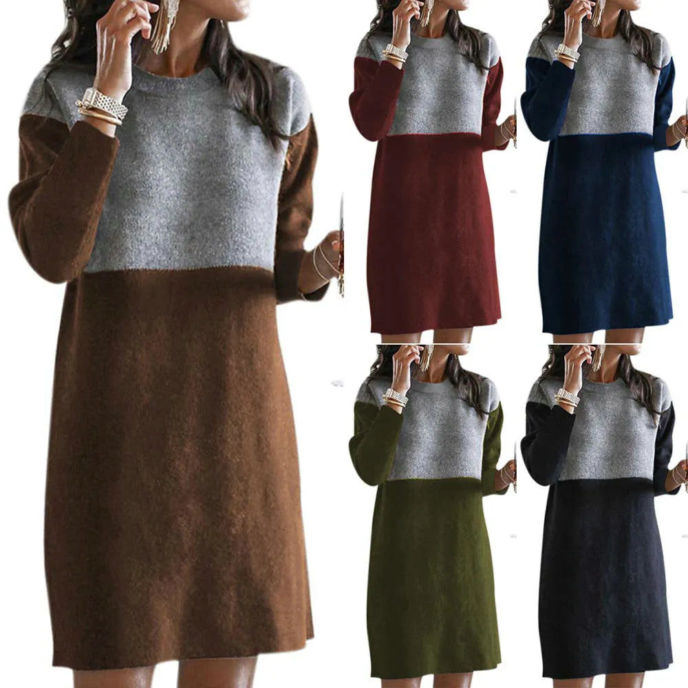 Brown women's loose-fit patchwork skirt dress with long sleeves and round neck in art retro style.