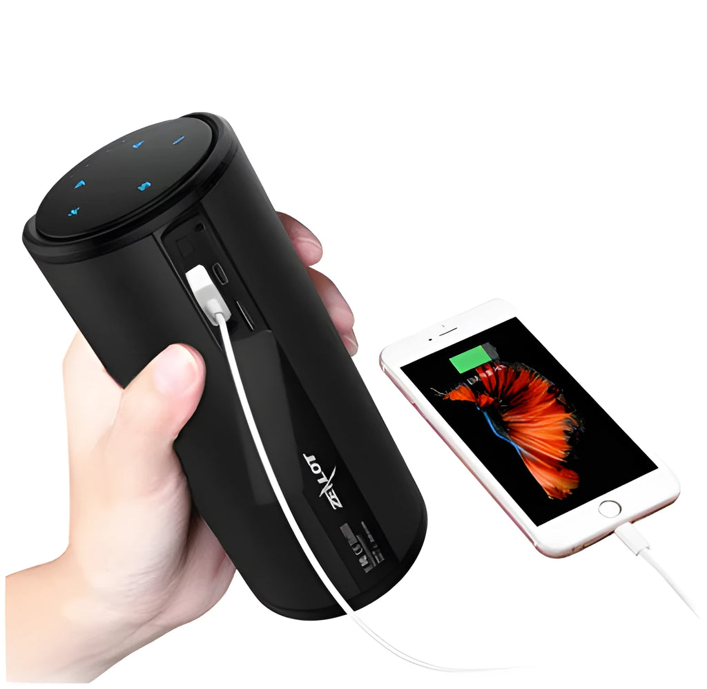 Compact wireless Bluetooth speaker in black, blue, or red, showing size scale.