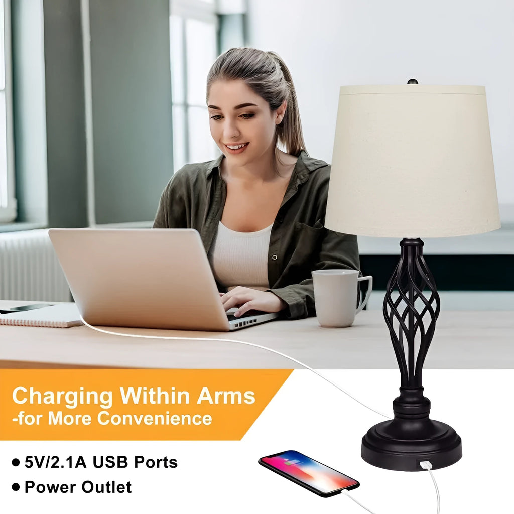 European style alloy touch control bedside table lamp with USB connection showing cold and warm light options