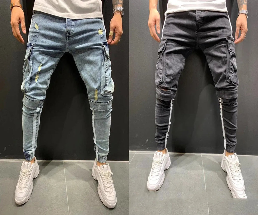 Men's denim knee-cut zipper trousers in black, 80% cotton, side view showing zipper placket and knee cut detail