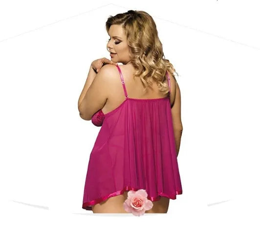 Women plus size polyester lace sleepdress in black with see-through mesh, size 6XL