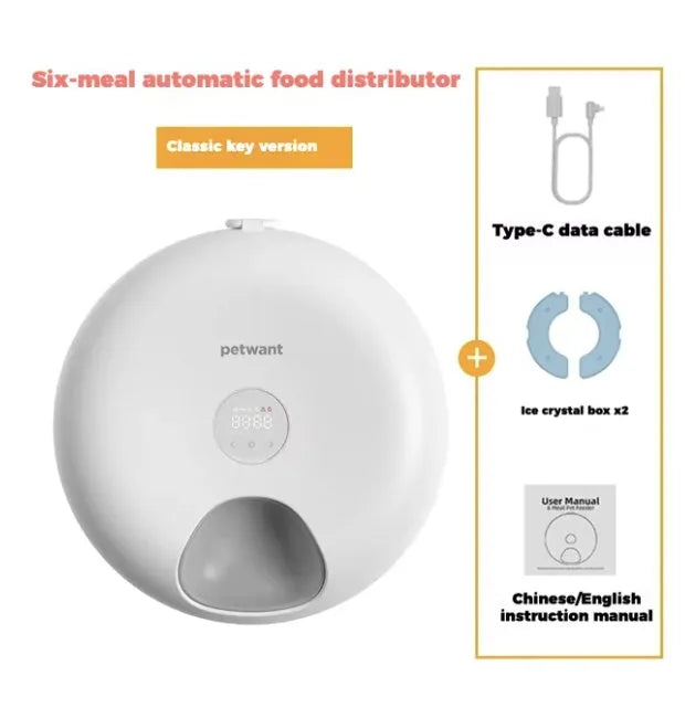 Donut Frost WiFi 6-meal automatic cat food dispenser with app control, two ice packs, and removable tray