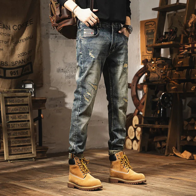 Men's retro heavy washed straight leg fleece lined jeans in vintage blue A7707 with drawstring waist