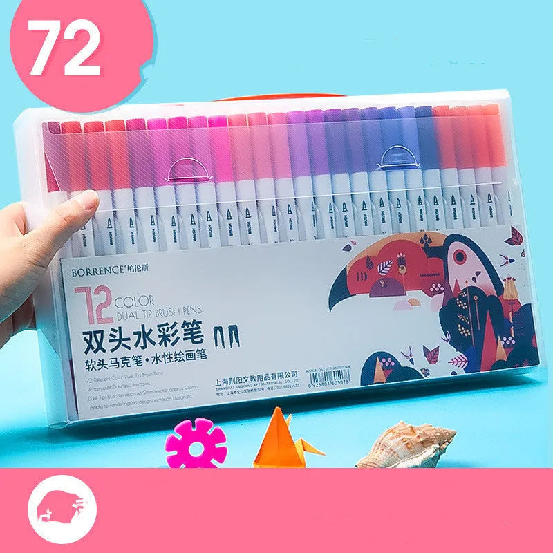 Boxed soft-tip watercolour pen set with 100 colours, pencil, marker, colouring book, and secret garden on a white background