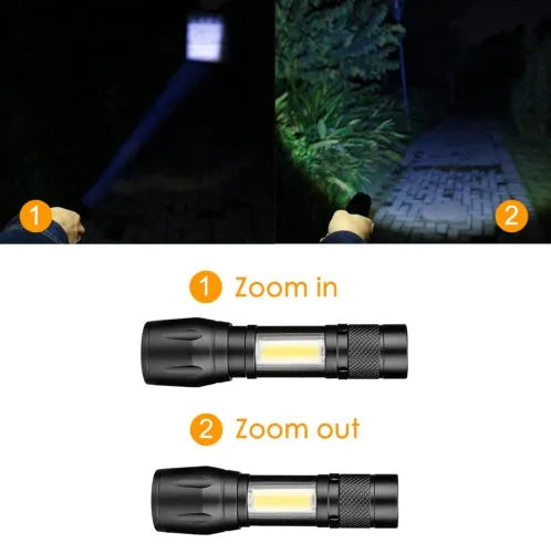 Compact black aluminium telescopic LED flashlight with pocket clip and zoomable head