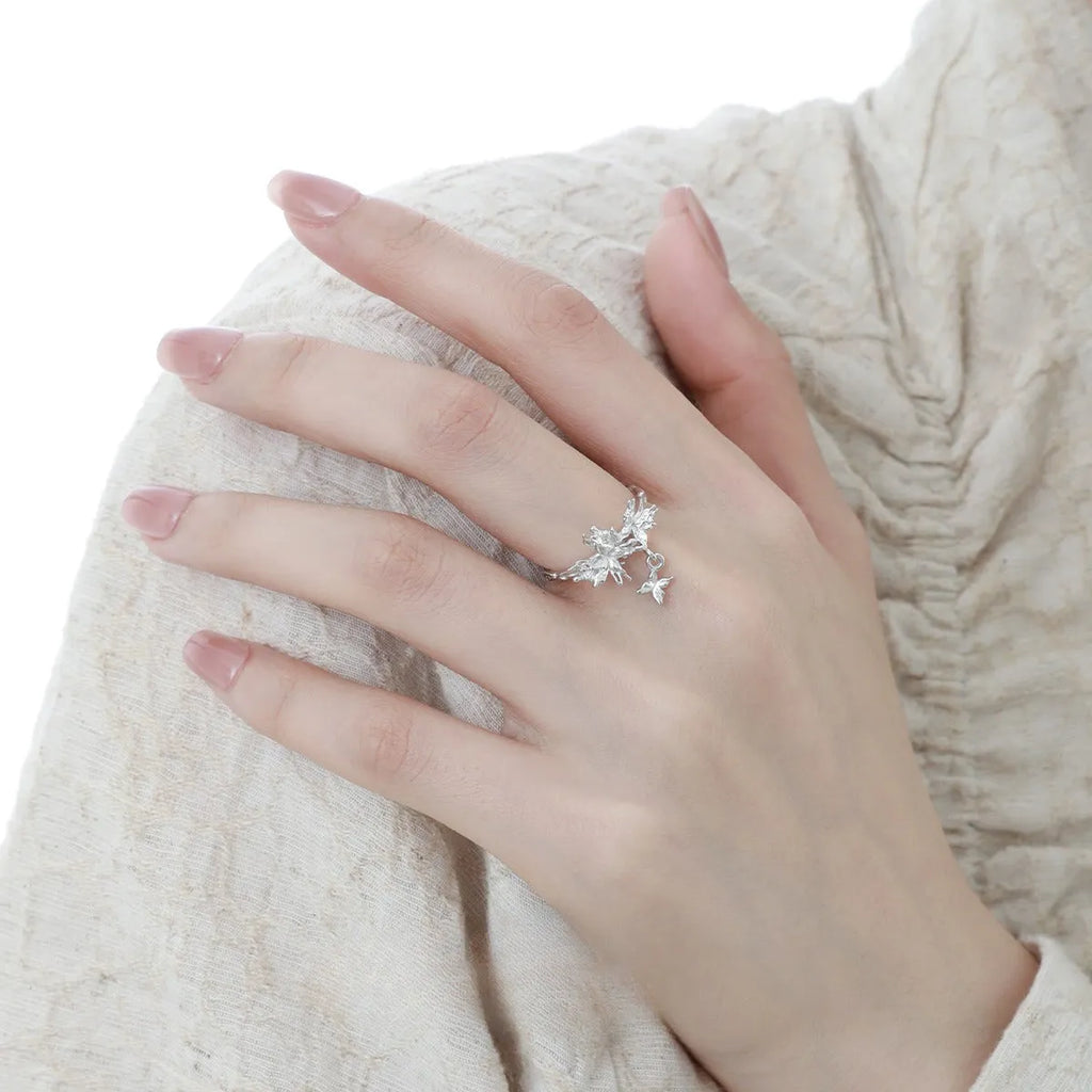 Silver butterfly adjustable ring with electroplated gold or white gold finish