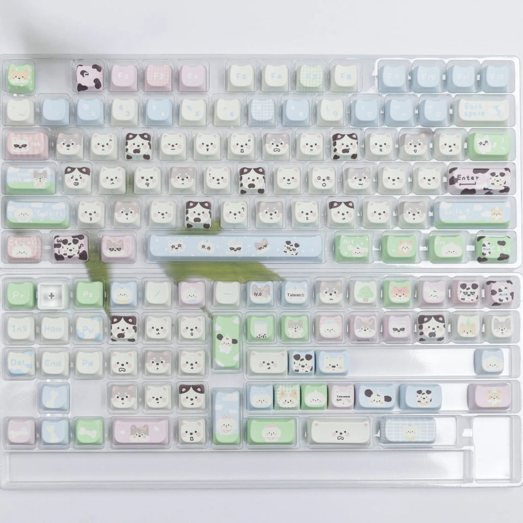 Full set of white PBT keycaps with cute puppy sublimation design for mechanical keyboards