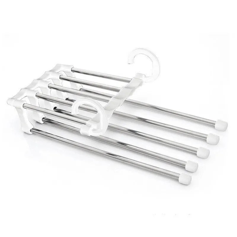 Black 5-in-1 stainless steel trouser hanger with five booms and dual hooks on a clothes rack
