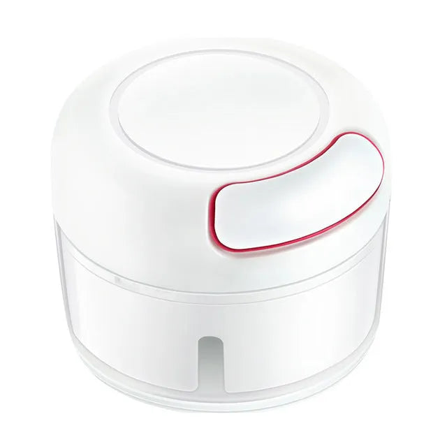White manual food chopper with 304 stainless steel blades and magnetic attachment, 8.5 x 7 cm size