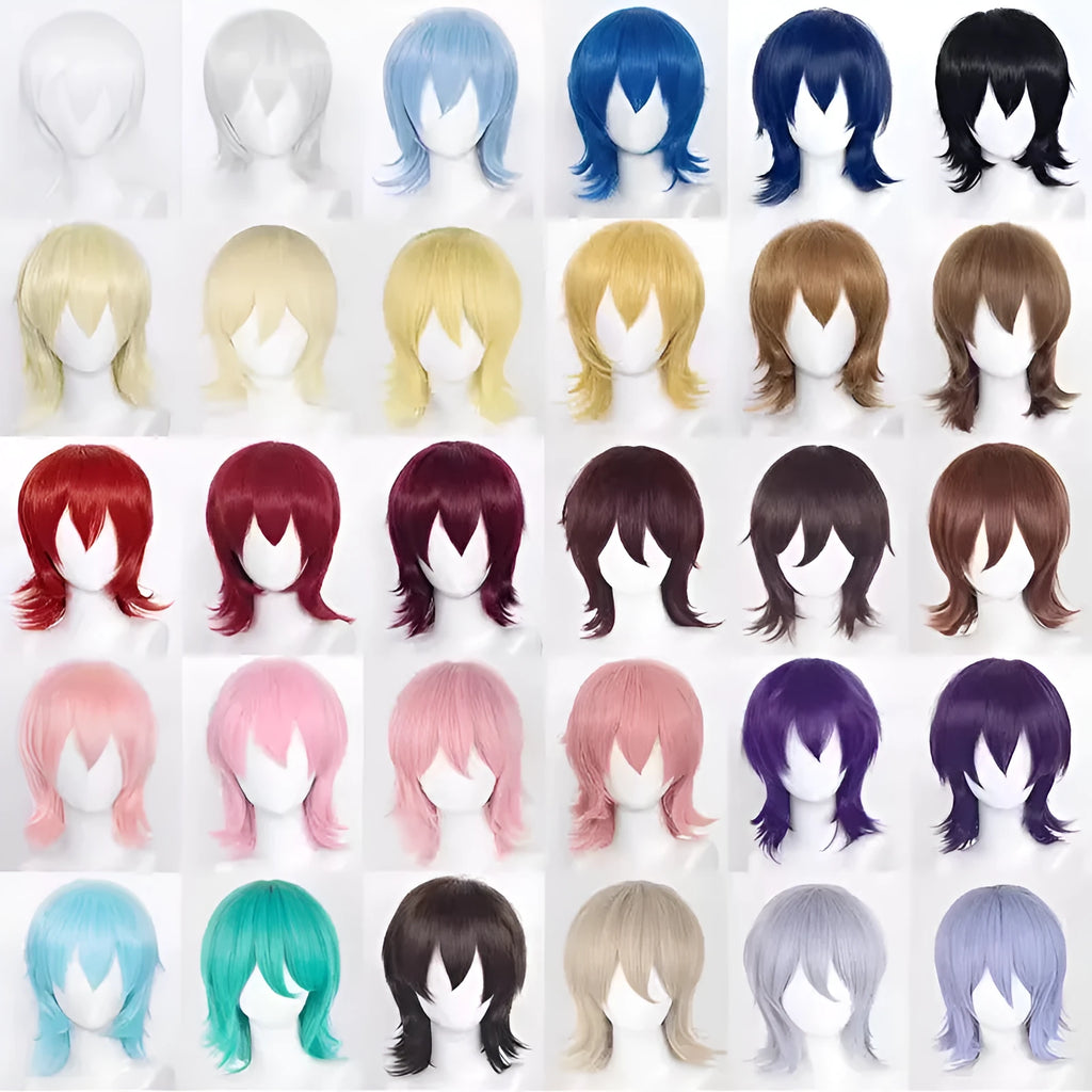 Short anime style cosplay wig with lengthened hair tail on a stand, shown in a solid colour.
