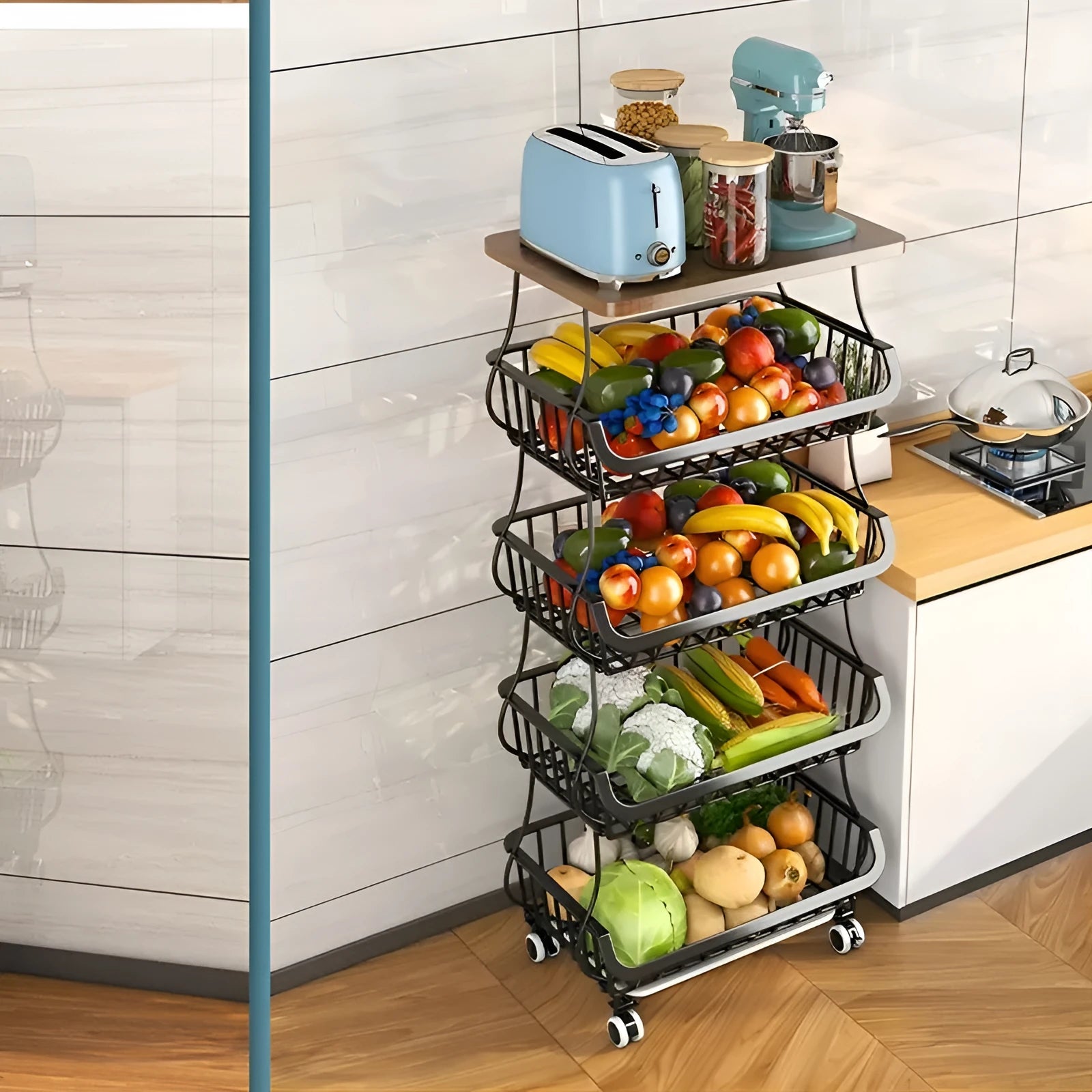 Black six-tier foldable kitchen floor trolley with carbon steel frame and modern design