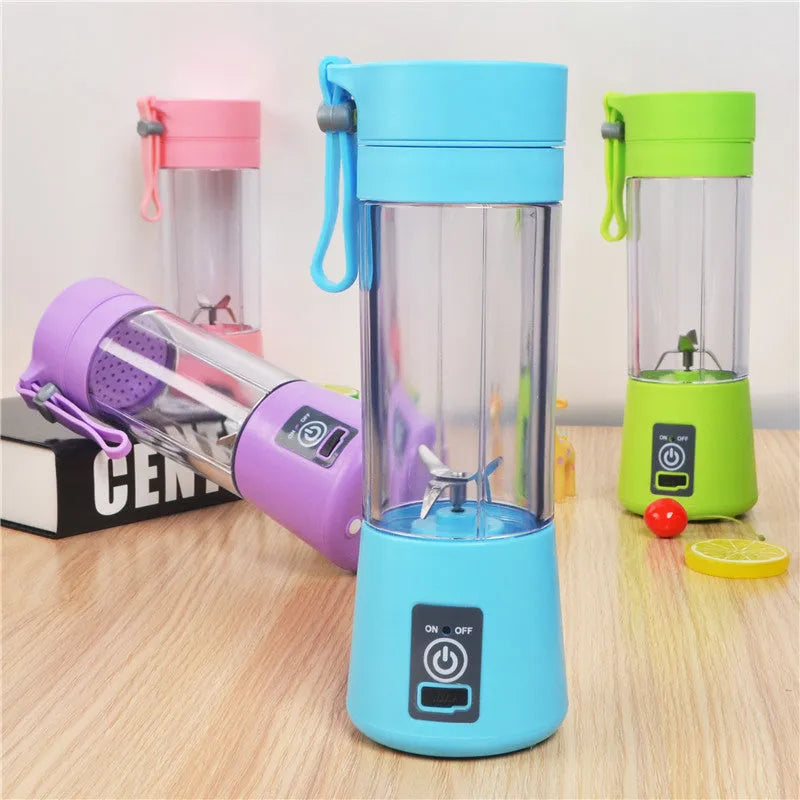 Mini USB electric centrifugal juicer with stainless steel blade, anti-slip base, and rope handle in blue plastic housing