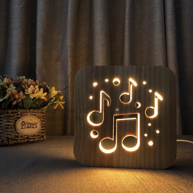 Pine wood USB-powered 3D LED atmosphere light with warm white illumination measuring 19 x 19 x 3 cm