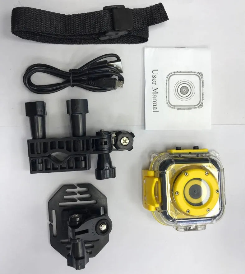 Yellow children's waterproof sports camera with LCD screen and compact design
