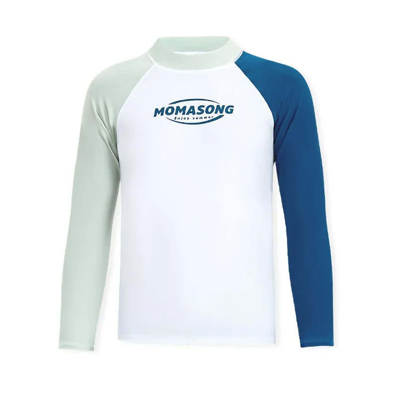 Men's long-sleeved white top swimsuit with matching trunks for outdoor water sports