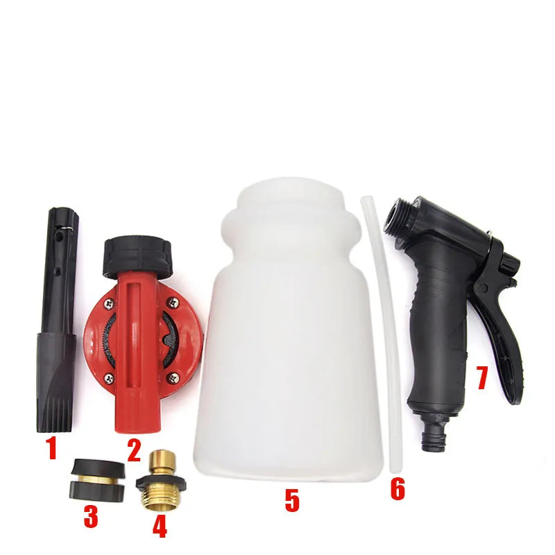 A standard colour foam pot high pressure water gun for garden spraying, showing its trigger and nozzle.