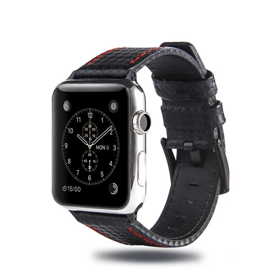 Carbon fiber leather watch strap with PC hard shell case for Apple Watch, available in black line colour, 42 44mm size