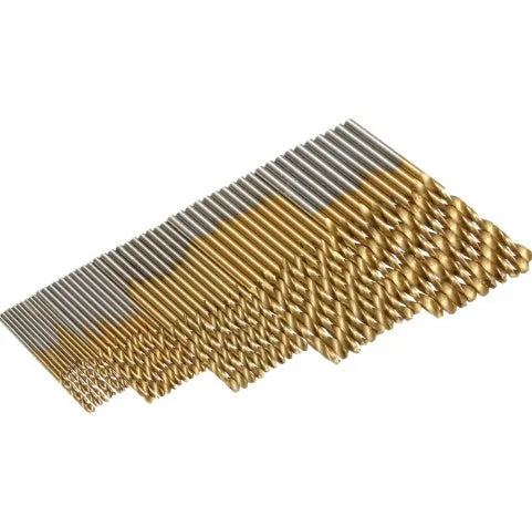 50 piece titanium coated HSS high speed steel twist drill bit set with hex shanks on a workbench