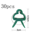 Green plastic and zinc plant fixing clips, large and small sizes, for climbing vegetable support.
