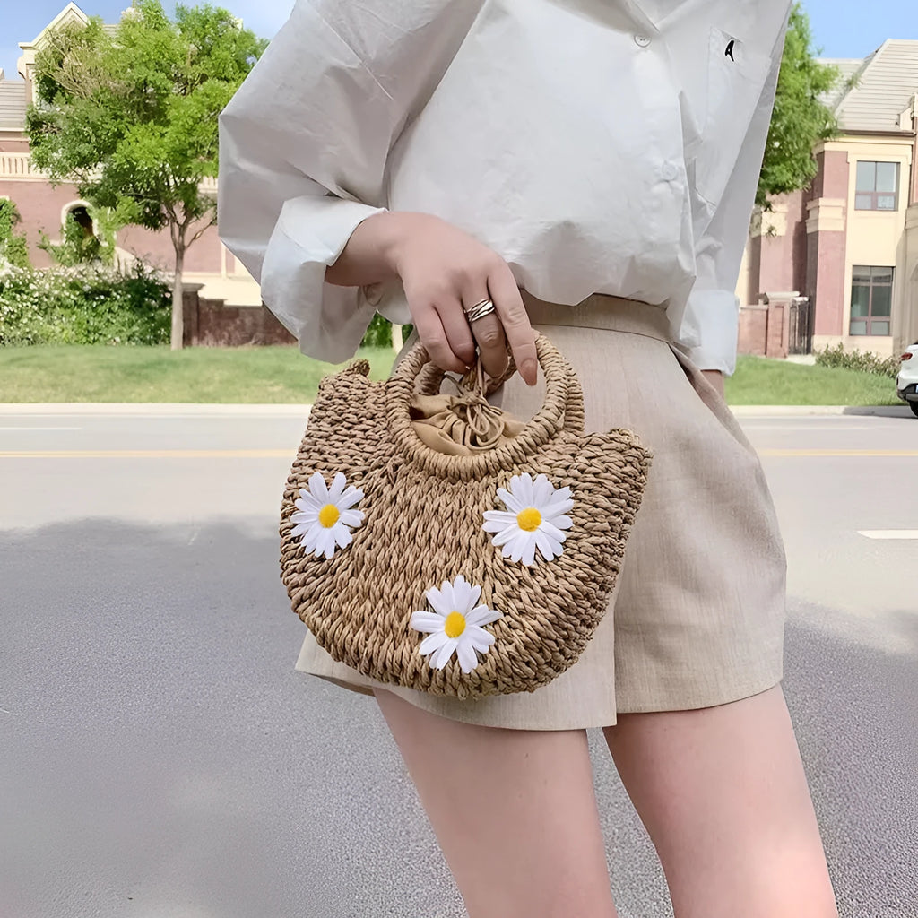 Women's light brown woven crossbody bag with daisy motif and straw-weaving texture, 25x20x8cm