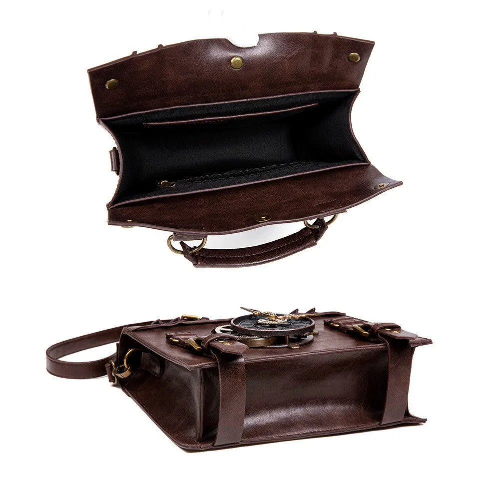 Bronze steampunk industrial retro shoulder bag with metal hardware on horizontal pillow shape