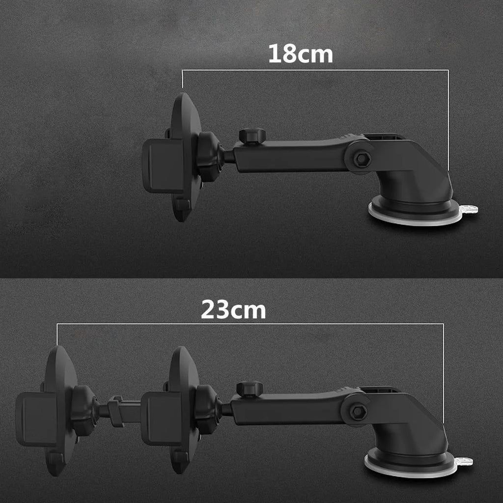 Black telescopic car dashboard phone holder with extended arm and gel suction cup mounted on a textured surface.
