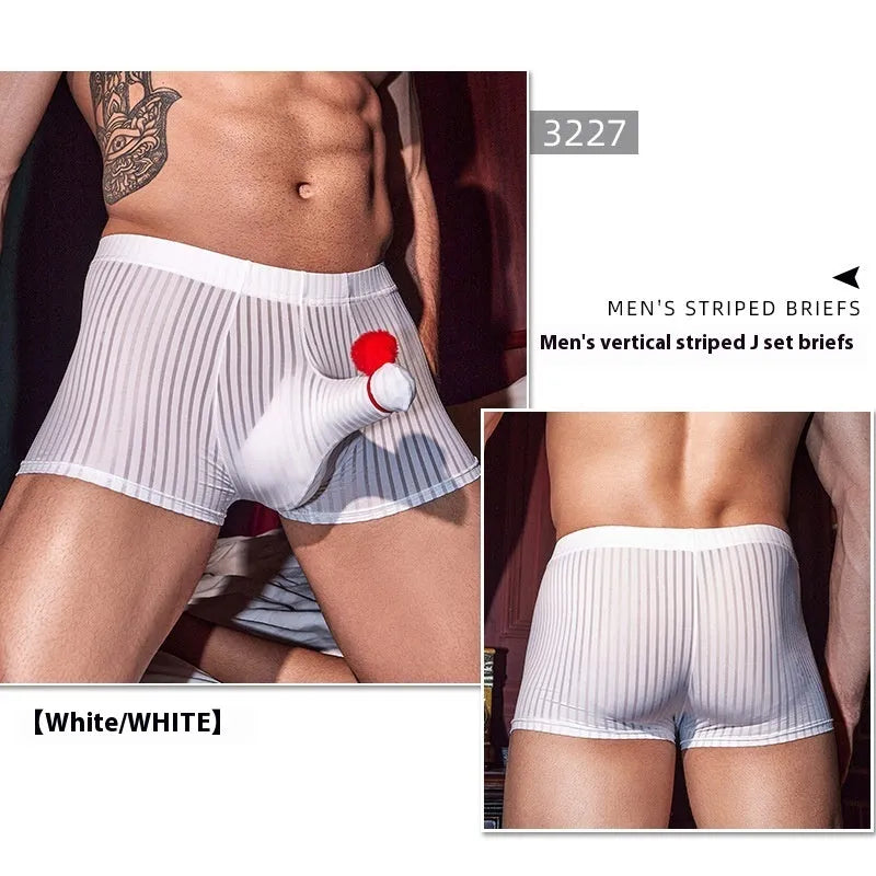 Man wearing black striped nylon boxer briefs, showing high elastic fit and modern design.