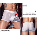 Man wearing black striped nylon boxer briefs, showing high elastic fit and modern design.