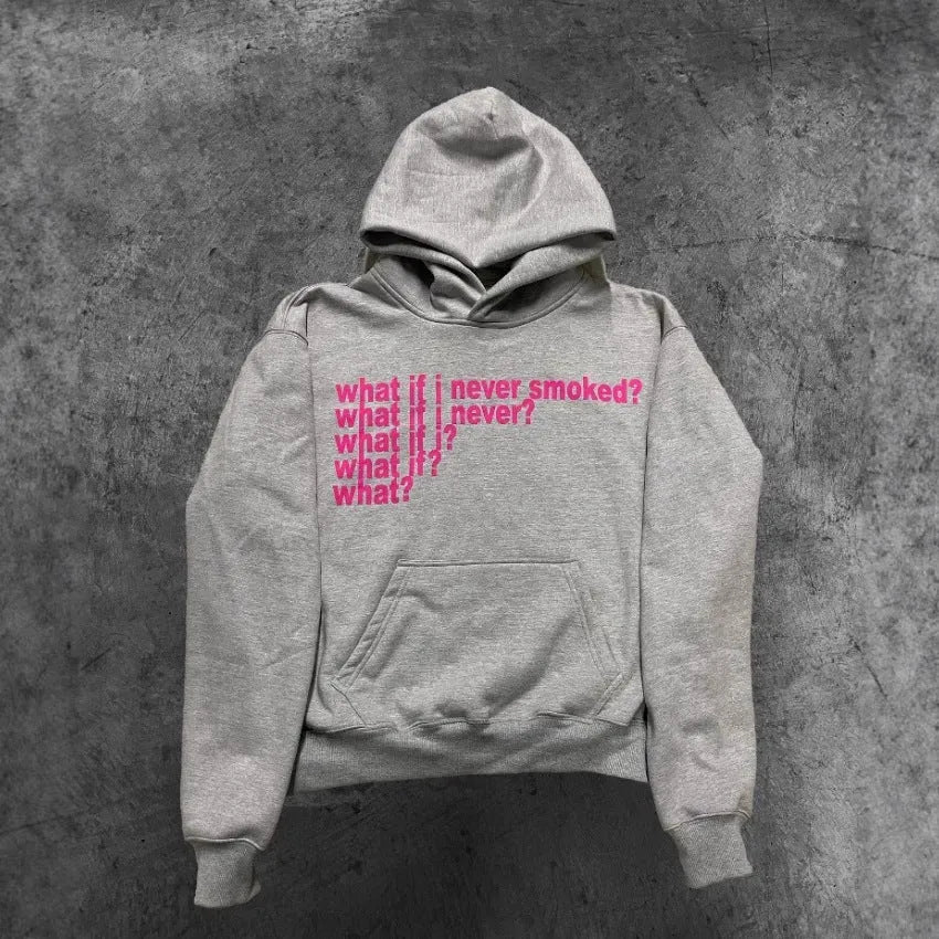 Letter print heavy hooded sweater pullover in heather gray with figure pattern, front view
