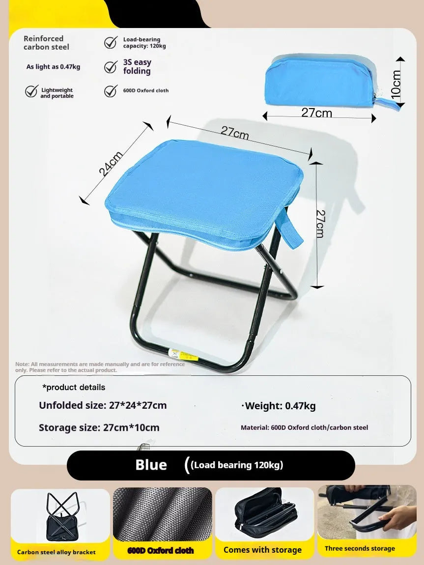 Outdoor foldable camp stool in Oxford cloth showing compact folded design