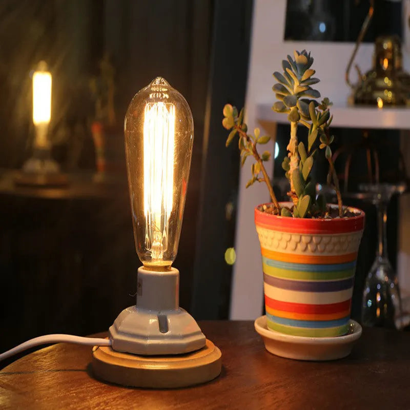 Retro ceramic table lamp with wooden body and glass shade, push button switch, for living room or bedroom