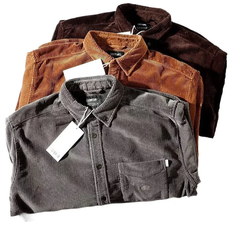 Loose long sleeve corduroy shirt in caramel colour, cardigan style, laid flat.