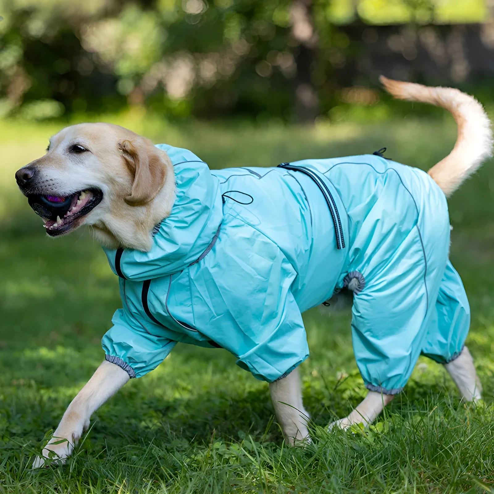 Dog wearing a cotton-padded polyester shell jacket in red, available in sizes M to XXXXL