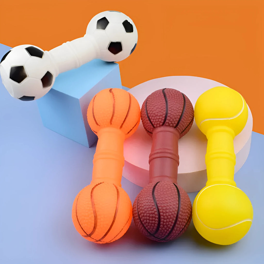 Football dumbbell shaped PVC dog chew toy with squeaker in brown, orange, white or yellow colours