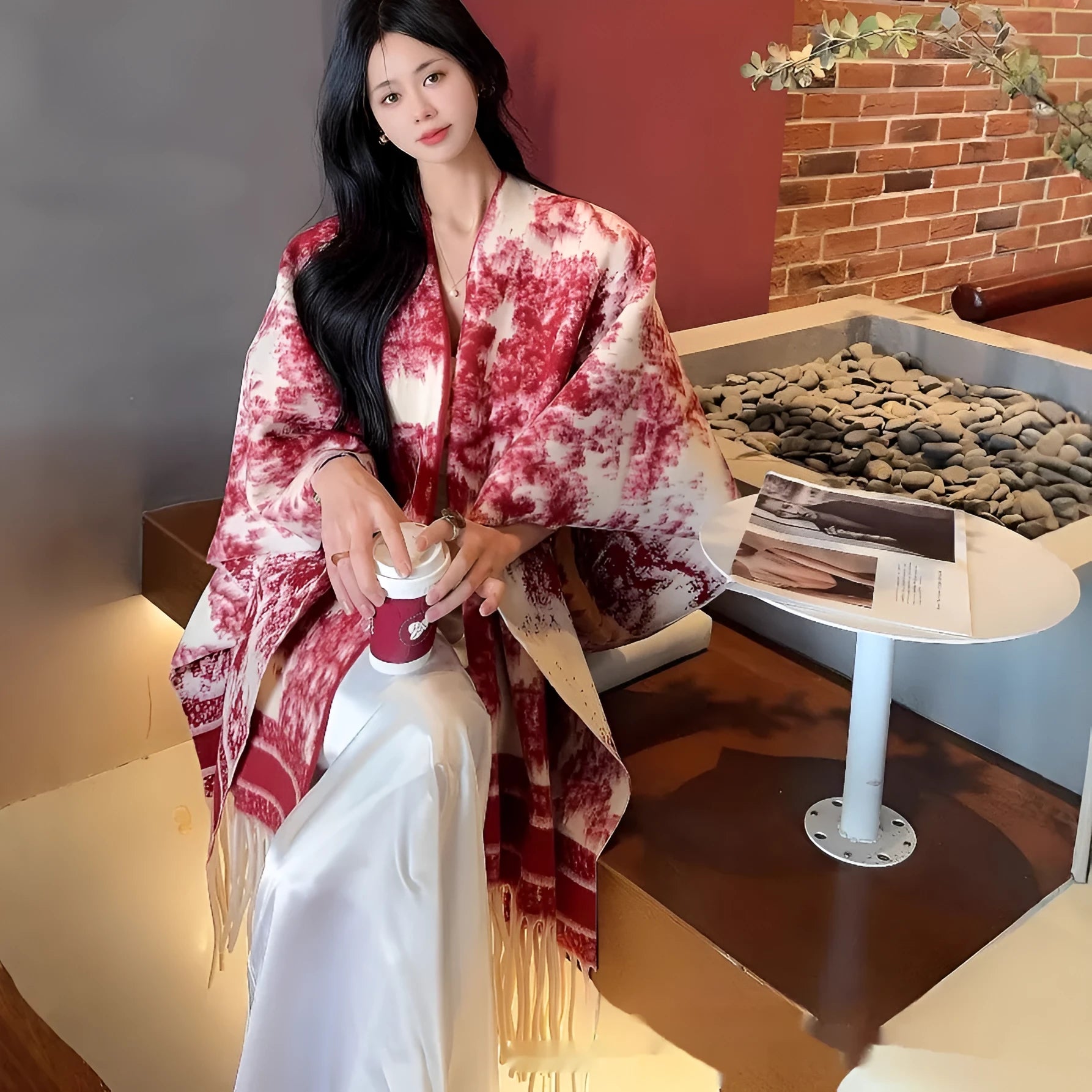 Women's casual polyester scarf cape with tassel trim in free size shawl style
