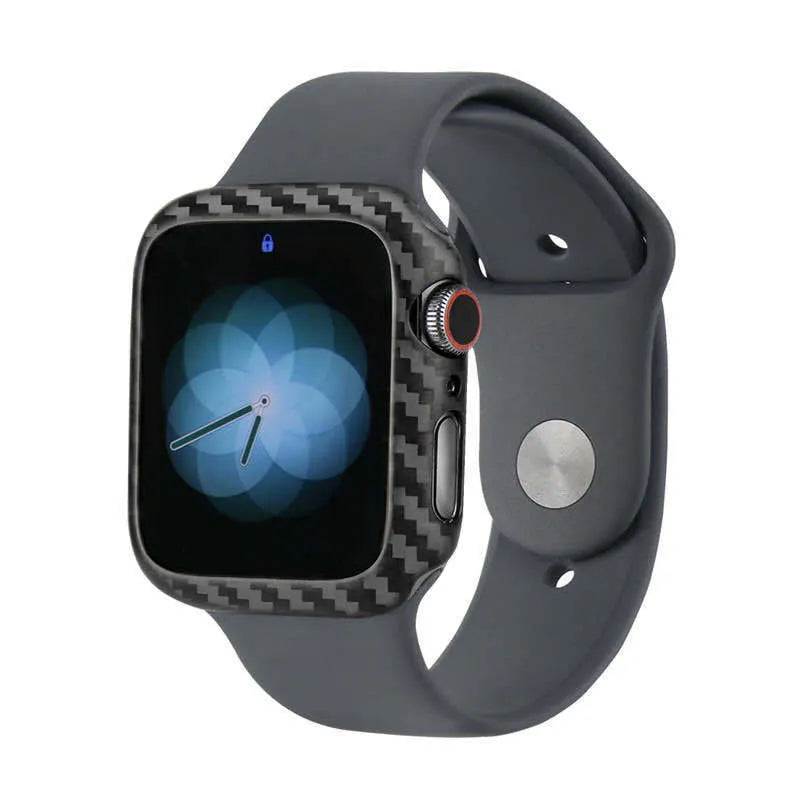 44mm Apple Watch 4 carbon fibre half wrap leather case in bright black and matt black colours